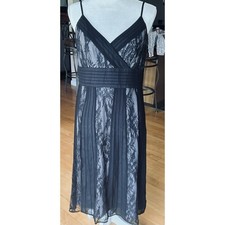 Ann Taylor Loft LBD Black Pleated Sheer Lace Dress 12P Gray Satin Liner