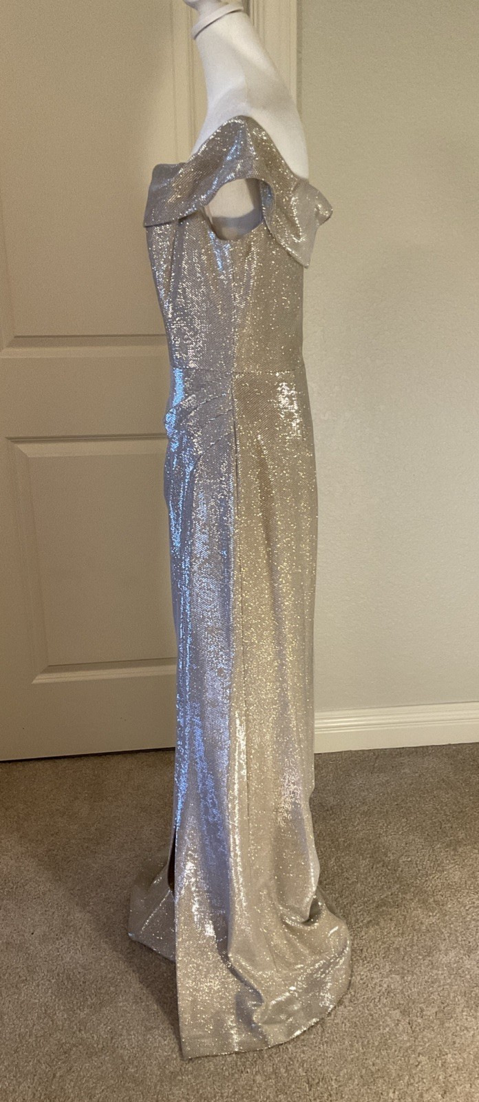 Teri Jon By Rickie Freeman Off Shoulder Metallic Jacquard Column Gown Gold, Sz 8