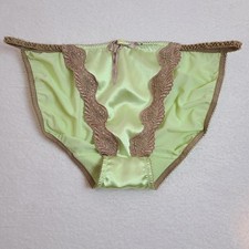VTG Delicates Silky Satin Mesh Lace String Bikini Panty Size XL Lime Tan