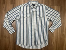 VTG Wrangler Stripe Denim Pearl Snap Shirt Mens 17.5/35 Western X Long Tails