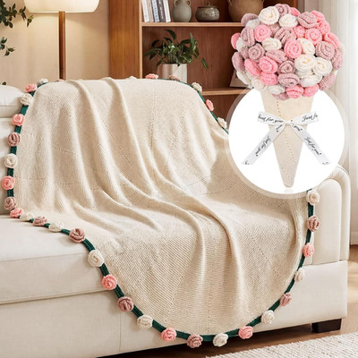 Rose Floral Crochet Blanket - 43.3 Inch Pink White Purple Gift for Her