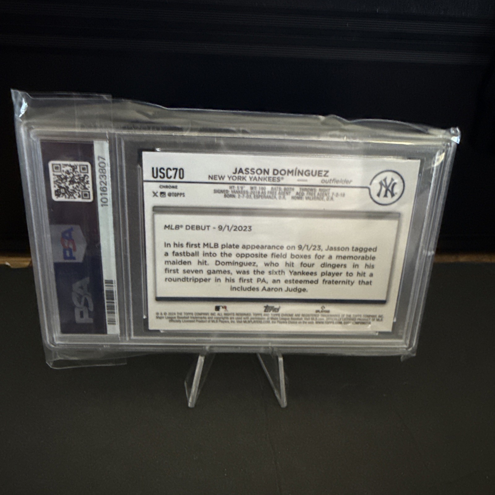JASSON DOMINGUEZ 2024 TOPPS CHROME UPDATE MAGENTA REFRACTOR ROOKIE 314/399 PSA 9 view 2