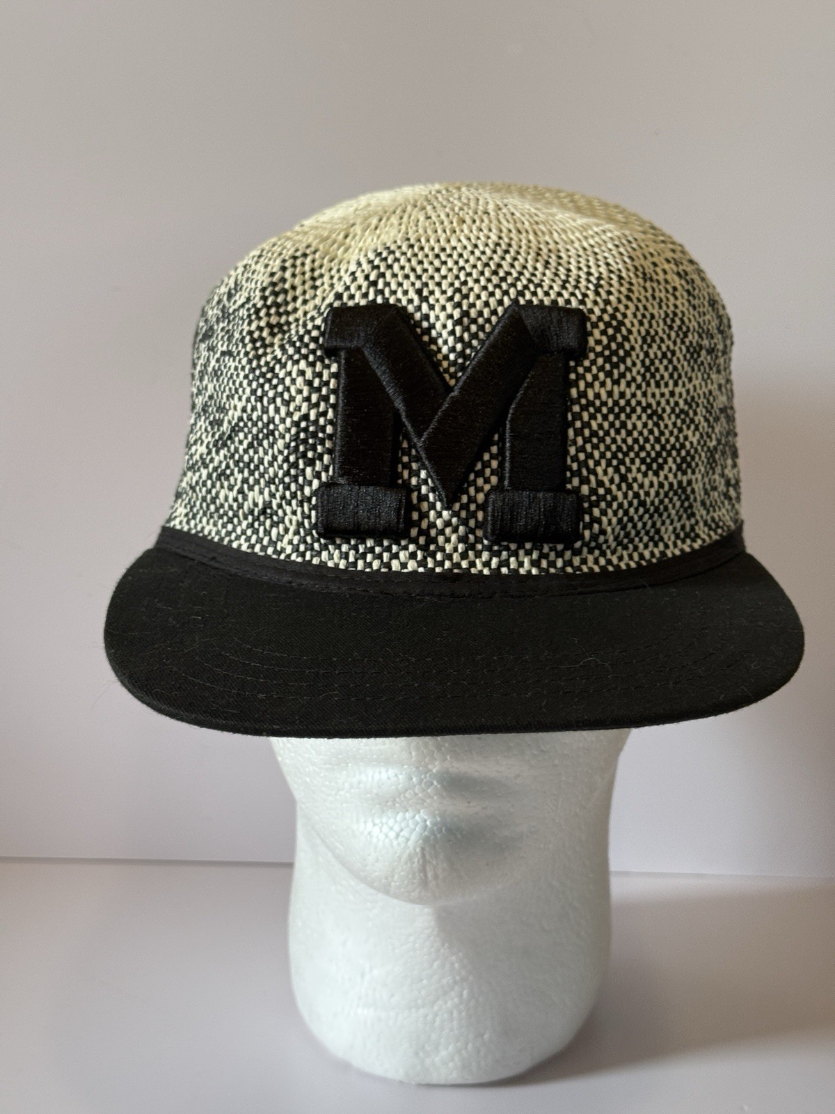 Sample Paper Straw Cap Hat Black M Logo Woven Texture Flat Brim Rare