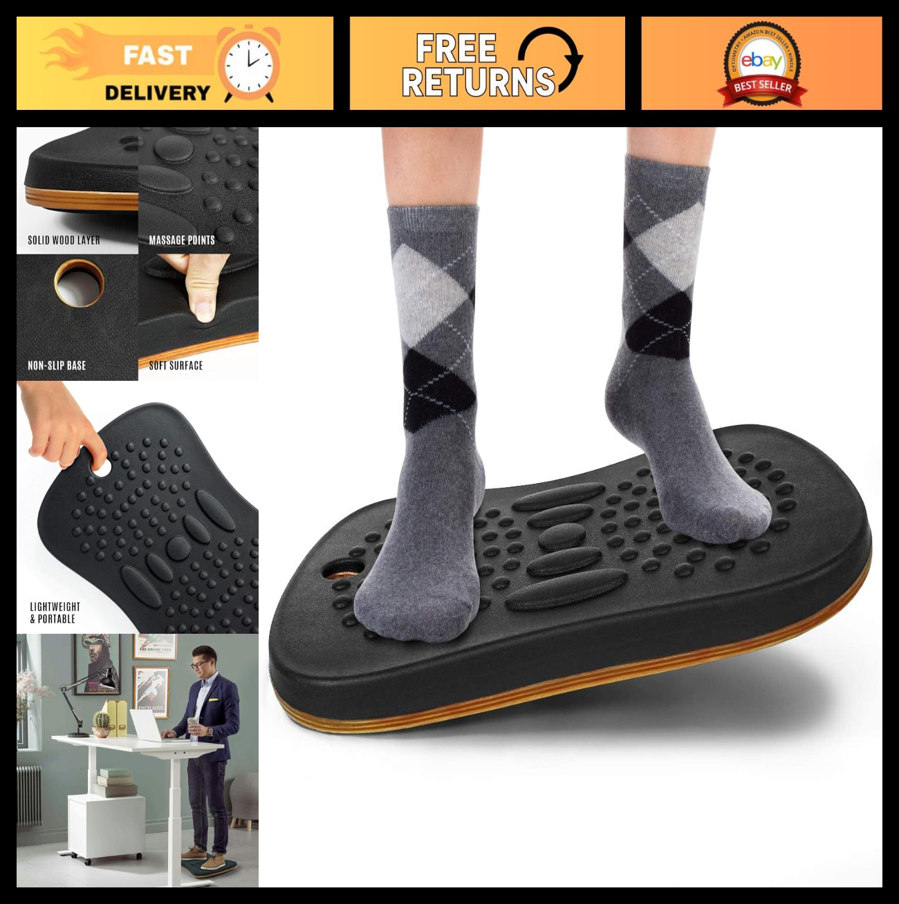 Wobble Balance Board for Standing Desk - Anti-Fatigue Foam Pad & Massage Ball, O