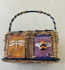 Wicker Rattan Cutlery Silverware Holder  Basket Utensil Caddy Bee Dragonfly