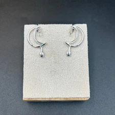 Vintage Silver-Tone Crescent Moon Earrings with Crystal Drop - Elegant Design