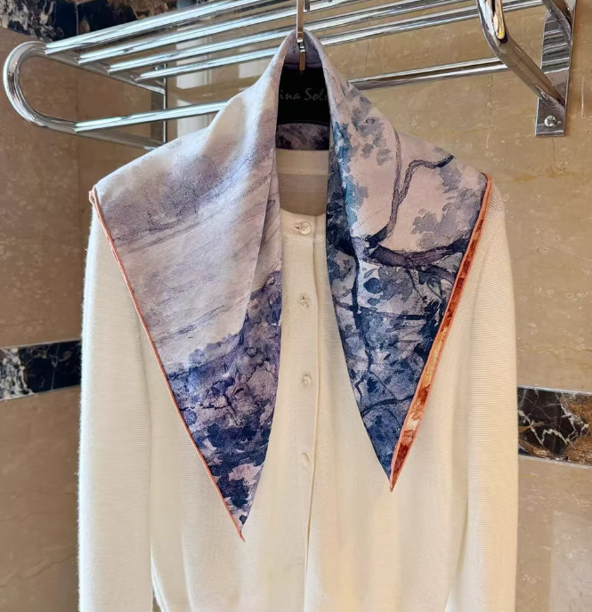 19 Momme Silk Scarf Bandana Wrap Oil Painting Print 63x63cm Square Shawl