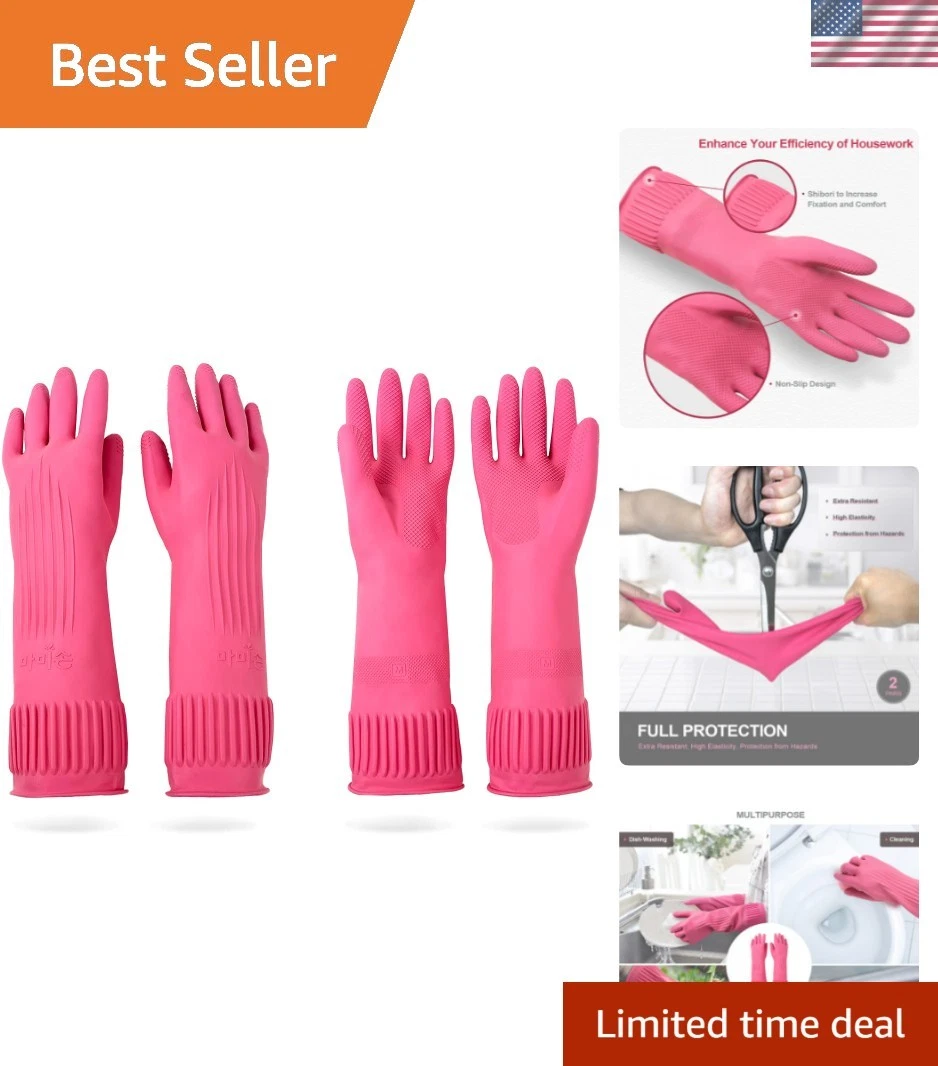Dishwashing Rubber Gloves Waterproof Reusable Kitchen Cleaning Pink 2 Pack