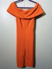 Boohoo Neon Orange Off Shoulder Midi Dress Bodycon Cocktail Party UK 16 US 12