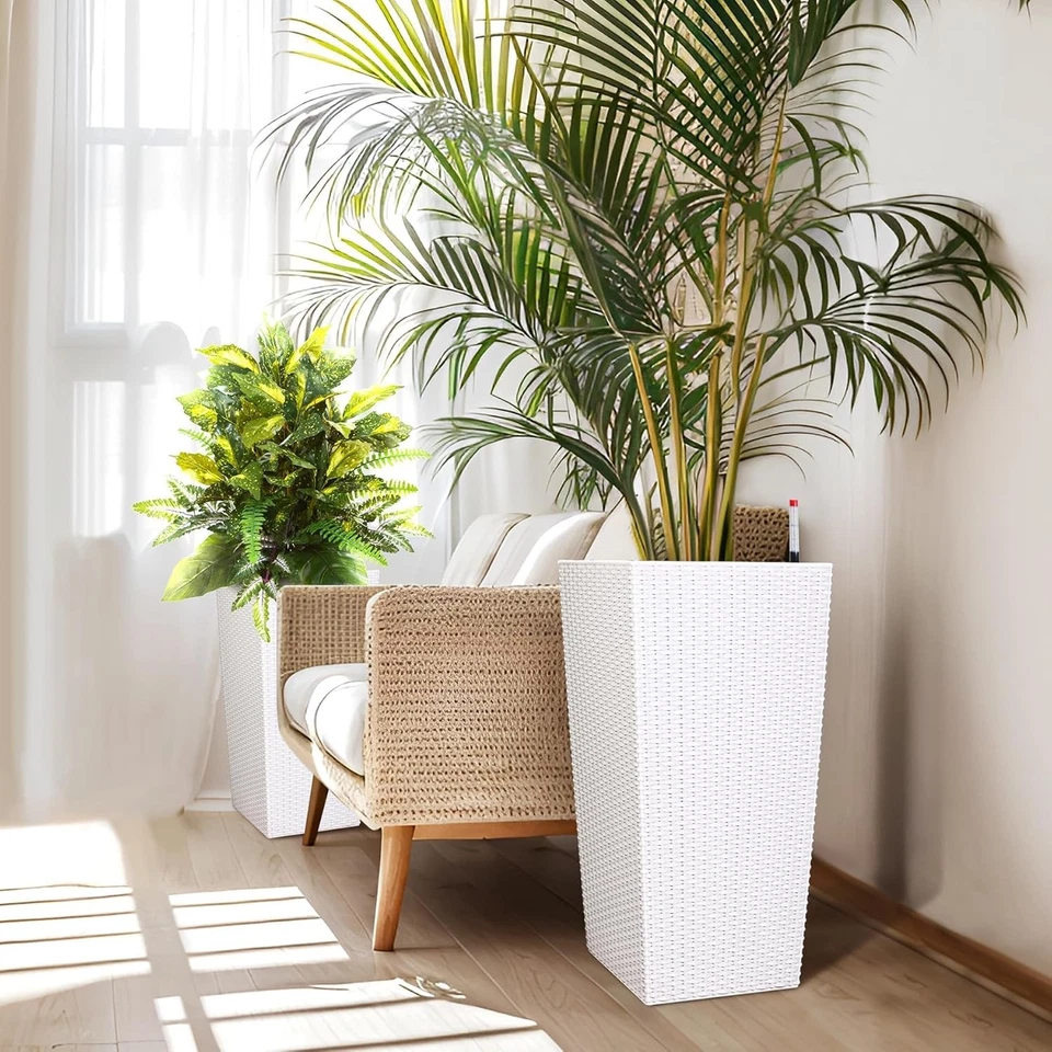 22.4-inch White Large Rattan Planter,Self-Watering with Wheels & Level Indicator - Image 2 of 4