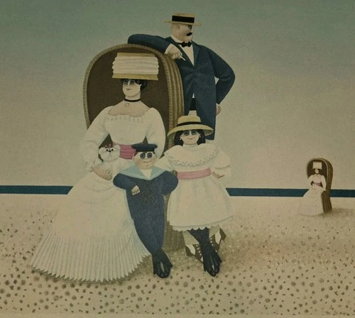Jan Balet Lithograph Family On Beach Stamped Name Framed Matted Black Wood Frame
