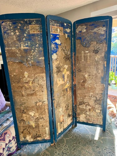 Antique Persian Painted Panels, late 18th–early 19th C, incorp. 3 folding screen
