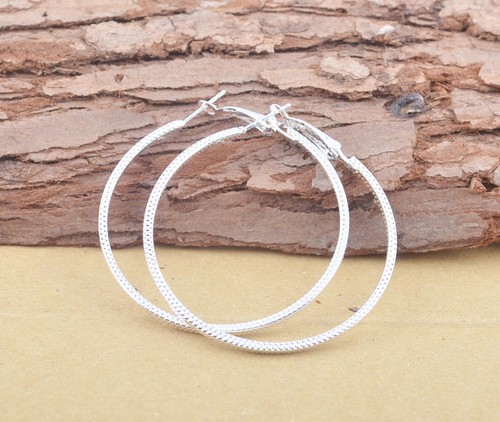 Pretty New Silver Plated Nicely Textured Round 2" Hoop Earrings w/Omega Backs - Picture 2 of 8