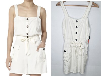 C est Toi Sleeveless Utility Tie Waist Button Pocket Romper Short Size: Small