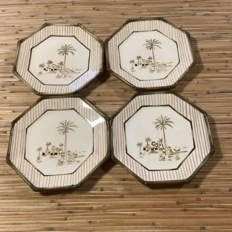 Plato de almuerzo Waverly TAHITI palmeras octogonales pintadas a mano. Juego de 4 Foto 2 de 4
