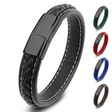 Men's Wide Multicolor Leather Bracelet   316l Stainless Steel, Woven, Stylish