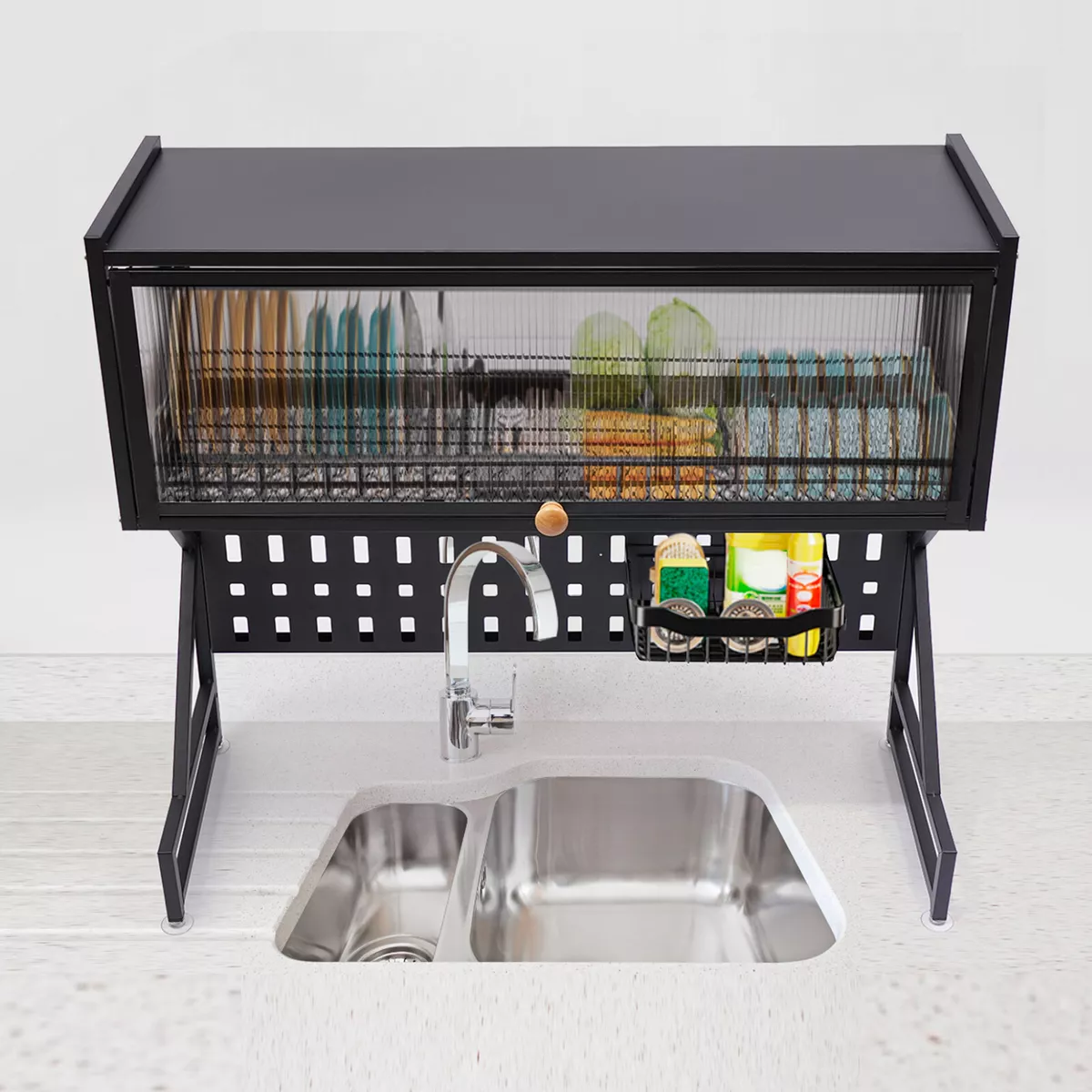 2 Tier Kitchen Dish Drying Over Sink Storage Rack with Door