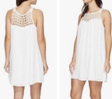 Women's White Shift Dress Sleeveless Crochet Lace Yoke Mini Summer Beach Casual 