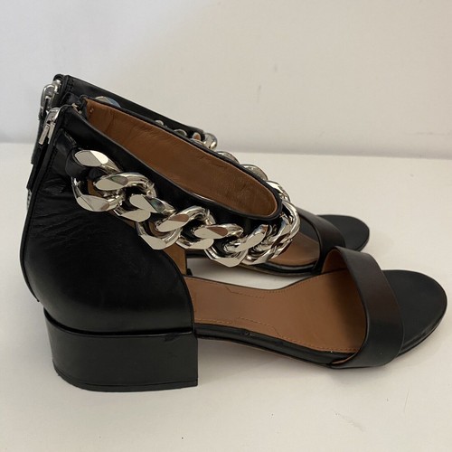 Givenchy Sandal Leather Chain Ankle Strap Black Open Toe Low Block Heel Zip 7 37 - Picture 7 of 10