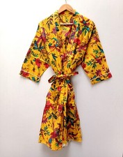 Indian Handmade Vintage Kimono Bird Print Cotton Bath Robes Maxi Night Gown