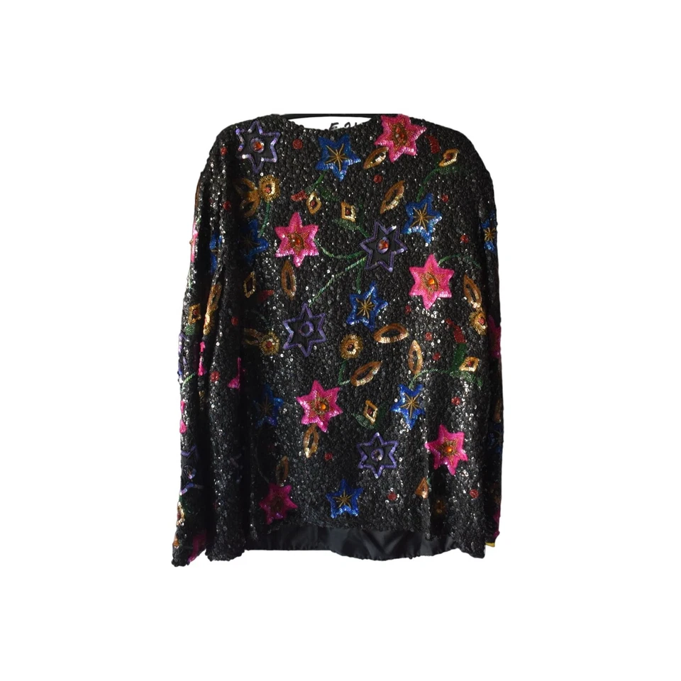 Chaqueta floral negra con cuentas lentejuelas seda Augustus Impressions vintage para mujer L Foto 3 de 4