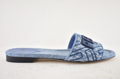 Fendi Blue Denim Signature FF Monogram Logo Mule Slide Flat Flip