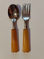 Vintage Infant/Toddler Fork  Spoon Set with Butterscotch Bakelite Handles