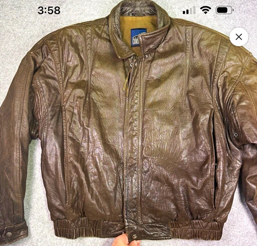 Robert Comstock 1980s Brown Leather Bomber Jacket Lined Full Zip Stand Collar XL video thumbnail