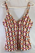 Anne Cole Size 16 Geometric Print Tankini Swim Top Gold Hardware Vacation Swim