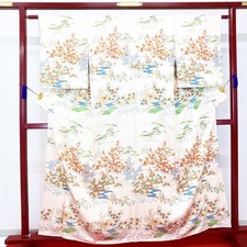 Japanese Kimono 'KOMON' Silk/Blue/Orange/Green/ Flower/History/Length:161cm N917