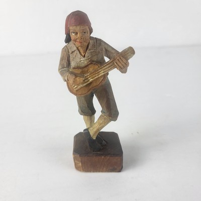 VTG Hand Carved Wooden Guitar Player Folk Art 4 Inch Painted Figure Sculpture