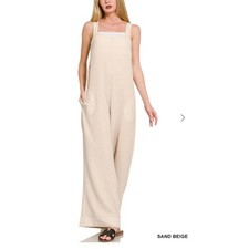 Zenana Sand beige Washed Double Gauze Wide Leg Tie Back Overalls Large