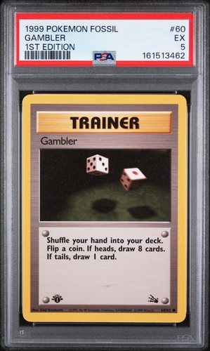 1999 POKEMON FOSSIL 1ST EDITION #60 GAMBLER PSA 5