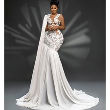 White Lace Evening Dresses Cap Long Sleeve O-Neck Chapel Train Gowns Pleat