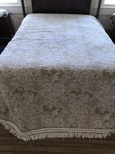 VTG Gold White Jacquard Floral Fringe Bedspread  Morgan Jones Twin 1970s MCM
