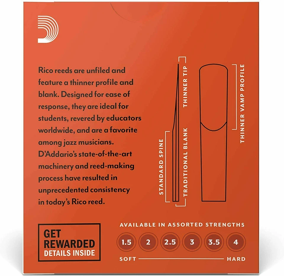 Paquete de 10 cañas de clarinete Rico Bb fuerza 2,5 RCA1025 Foto 2 de 4