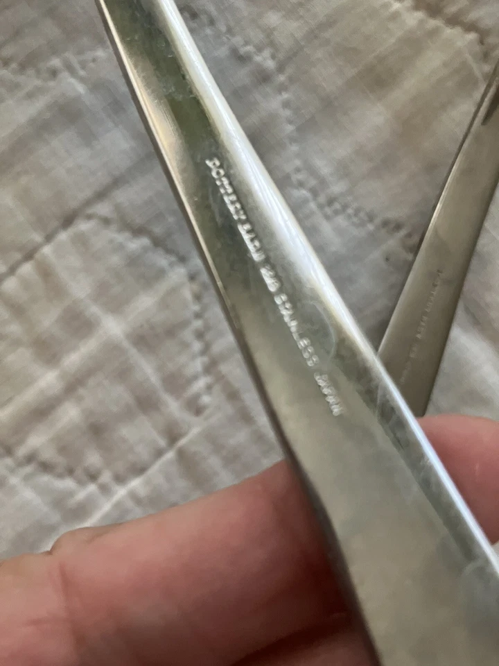 POTTERY BARN Japan Stainless Flatware Ridged 2 Serving Pieces Fork Spoon 8.5" - Image 3 of 3