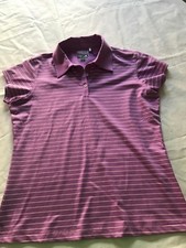 Adidas Golf Women's 518387 Plum Purple White M Button Striped Polo Top Shirt NEW