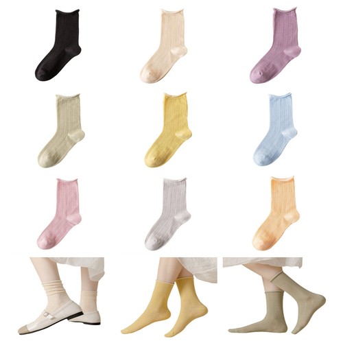 5 Pairs Women Rolled Edge Solid Quarter Socks Cotton Thin Mesh Mid-Calf Socked - Photo 1/34
