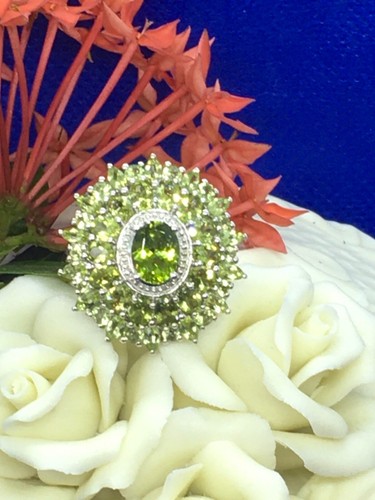 Natural Arizona Peridot Cluster Ring, Plat over SS, Size #7, 6.25 ctw - Picture 2 of 4