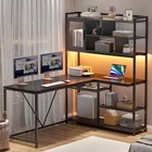 L Shape Computer Desk, 58' Office Desk with Led Light&Bookshelf for Home Office
