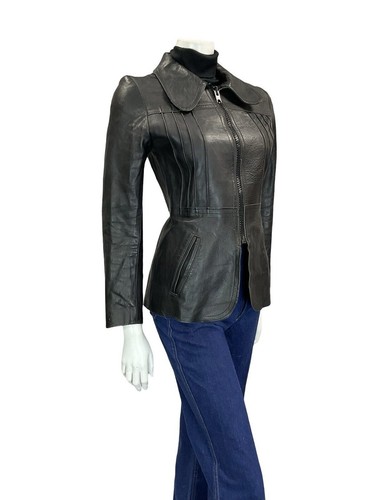 VINTAGE 60ER 70ER MOD BIKER TIEFSCHWARZ HUNDEOHRKRAGEN BUTTON DOWN LEDERJACKE 10 12 - Bild 7 von 11