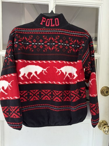 Polo Ralph Lauren Sweatshirt Boys L Black & Red Fair Isle Fleece Pullover Preppy - Picture 2 of 7