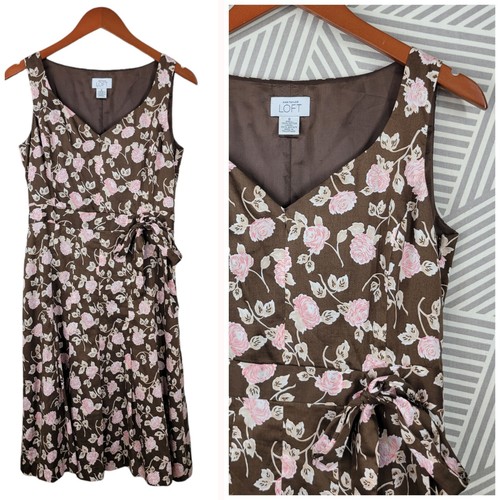 Loft Shirt Dress Size 6 Casual Floral Rose Print Pink Brown Party Below Knee  - Picture 1 of 7