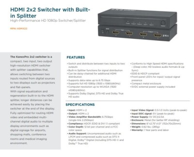 KanexPro HDMX22 High-Performance HD 1080p HDMI 2x2 Switcher w/ Built-in Splitter