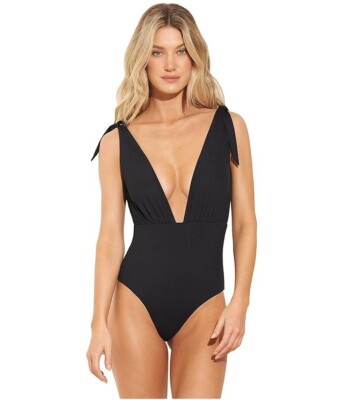 Maaji L98025 Black Rib Midnight Faena V-Plunge One-Piece Size M