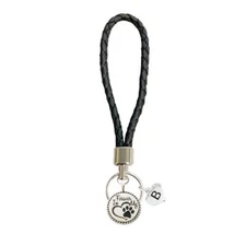 Custom Dog Paw Print Forever in My Heart Charm Black Leather Key Chain Initial