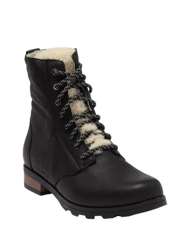 Sorel Emelie Genuine Shearling Short Lace Cozy Black Leather Boots Women's 9 - Picture 7 of 11