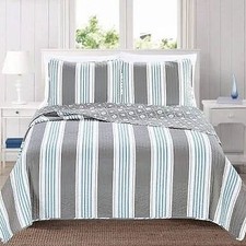 King 3 Piece Coastal Starfish Sand Dollar Grey Blue White Nautical Quilt Set