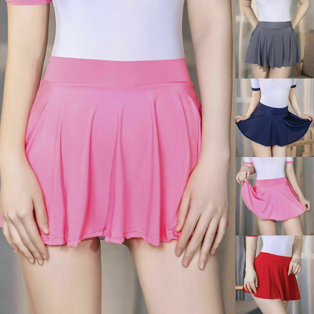 Women Silky Shiny Mini Pleated Skirt Schoolgirl Micro Short Dress